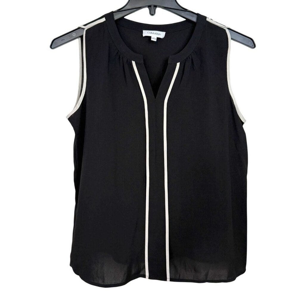 Calvin Klein Womens Black Blouse With White Trim Size M Office Career Neutral